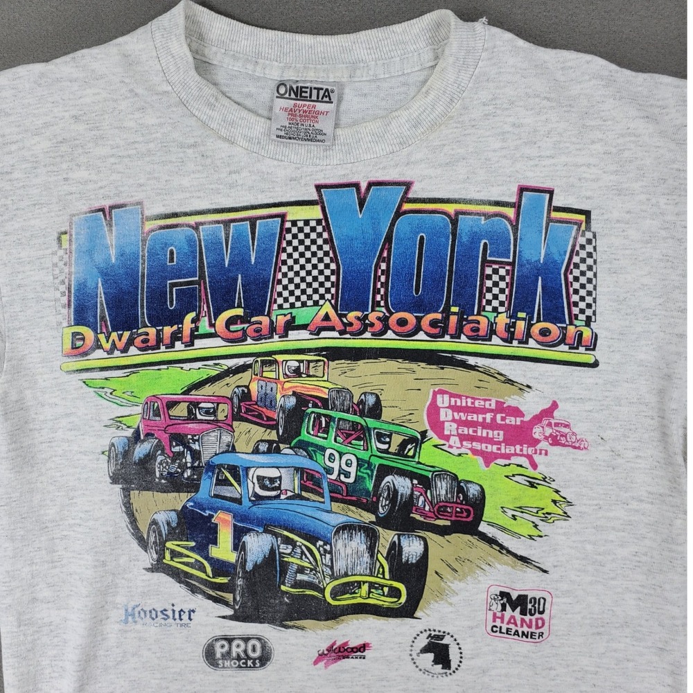 Oneita T-Shirt Mens M Grey New York Dwarf Car Association Racing Vintage 90s USA